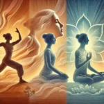 A person transitioning through yoga practices: starting with a dynamic asana pose, followed by seated pranayama practice, and ending with deep meditation, symbolizing the progression from physical movement to inner calm.