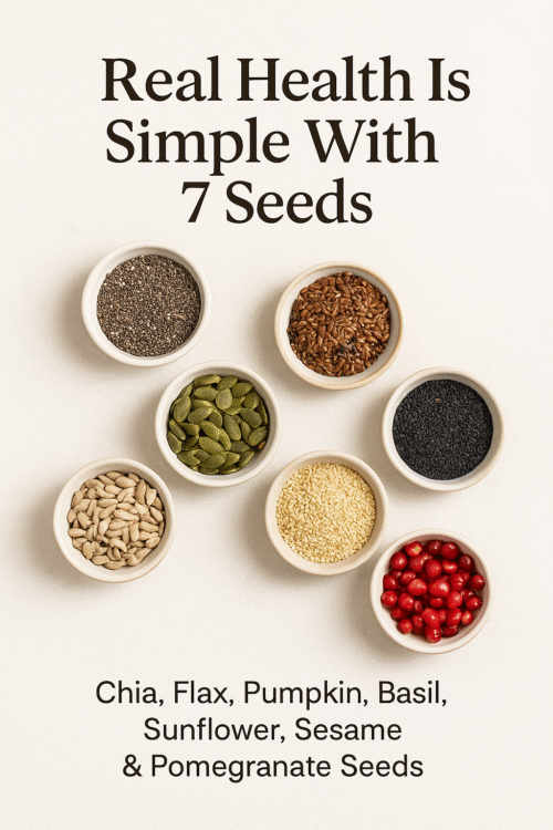 You are currently viewing 7 seeds for real health—Chia, Flax, Pumpkin, Basil, Sunflower, Sesame & Pomegranate Seeds