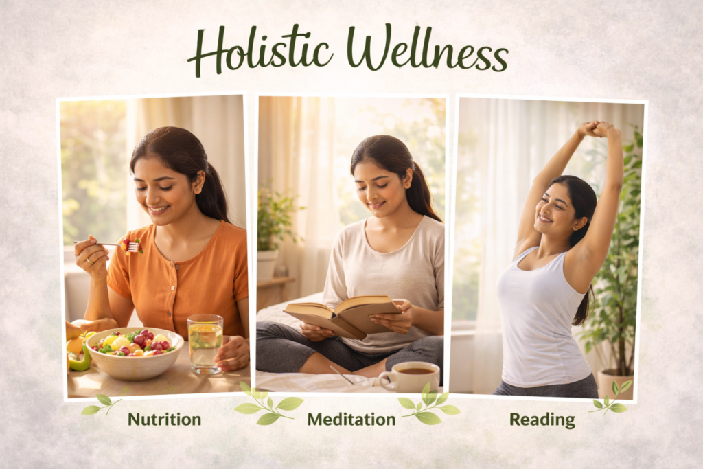 Daily holistic wellness lifestyle showing healthy eating, reading, and light exercise