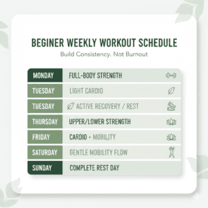 An infographic showing a balanced 7-day beginner workout schedule, alternating between full-body strength training, light cardio, and dedicated rest days for optimal recovery.