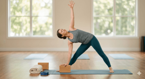 Practitioner using wooden blocks for alignment in Iyengar Triangle Pose."