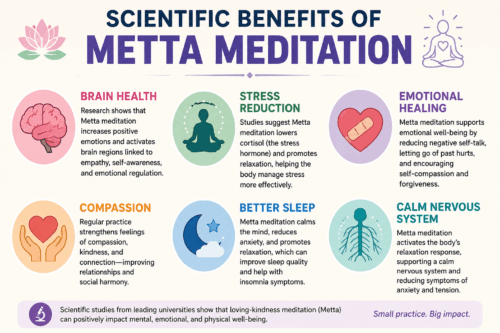 Scientific benefits of Metta meditation including stress reduction, emotional healing, better sleep, compassion, brain health, and nervous system relaxation.