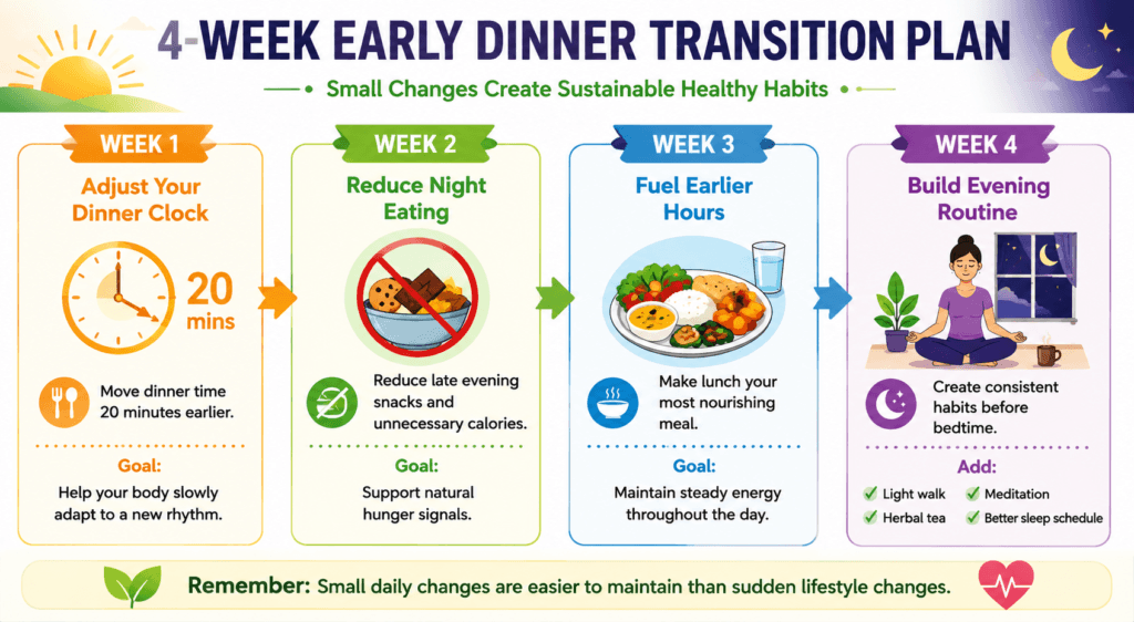 4 Week Early Dinner Transition Plan for Better Sleep, Digestion and Circadian Rhythm Balance”