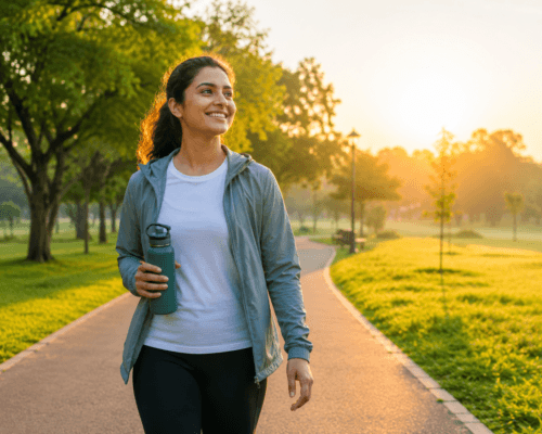 Person enjoying a sustainable healthy lifestyle with a morning walk in nature.