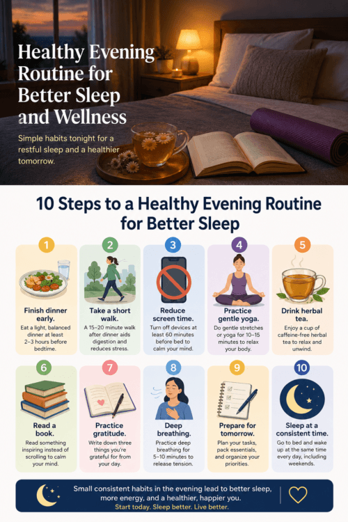 Healthy evening routine for better sleep featuring herbal tea, an open book, yoga mat, and a peaceful bedroom with warm lighting.