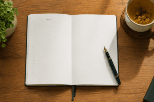 Leuchtturm1917 hardcover notebook was opened for daily journaling.