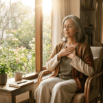 Every Breath is a grace:"Person practicing mindful morning breathing near a sunny window
